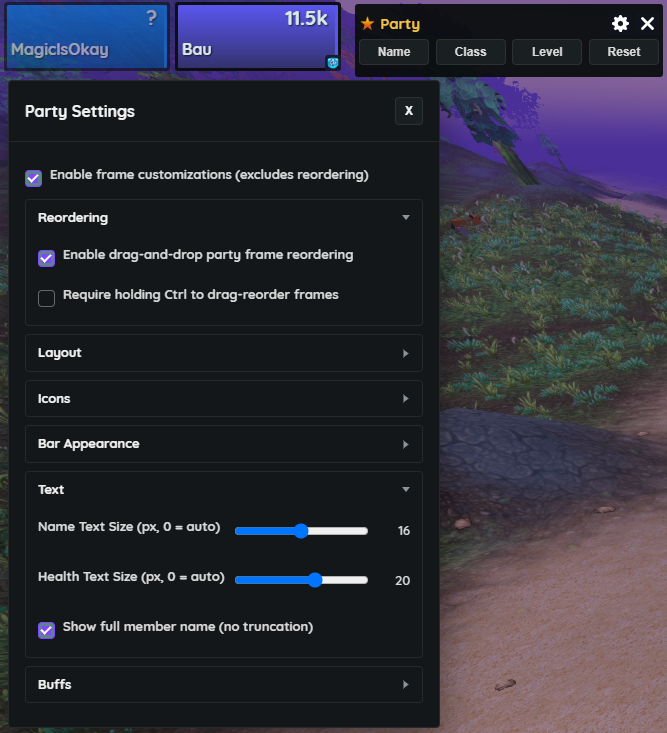 Party Settings panel with drag-and-drop frame reordering and customization options