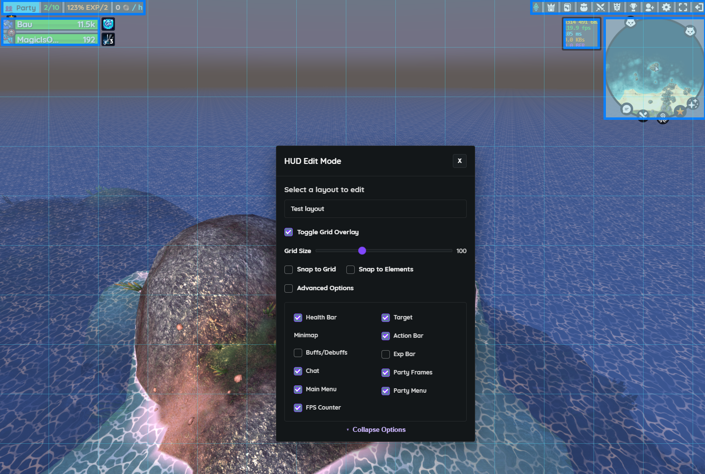 HUD edit mode with grid overlay and per-element toggles